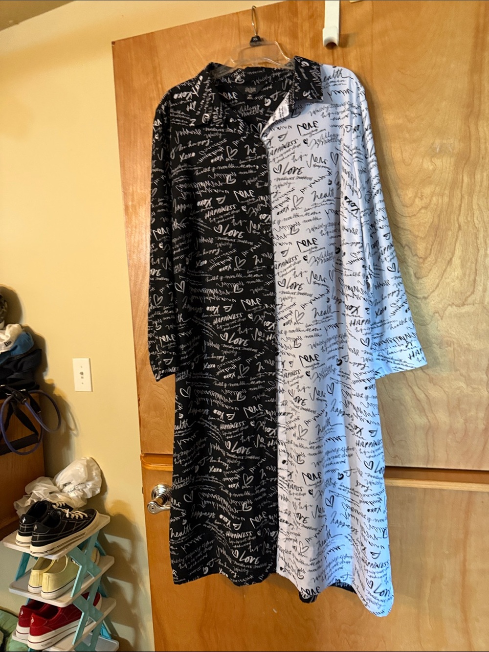 Slim Factor Two-Tone Black & White Script Shirt Dress